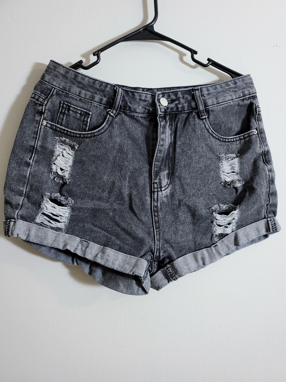 SHEIN Distressed Folded-Hem Denim Shorts - Charcoal Gray